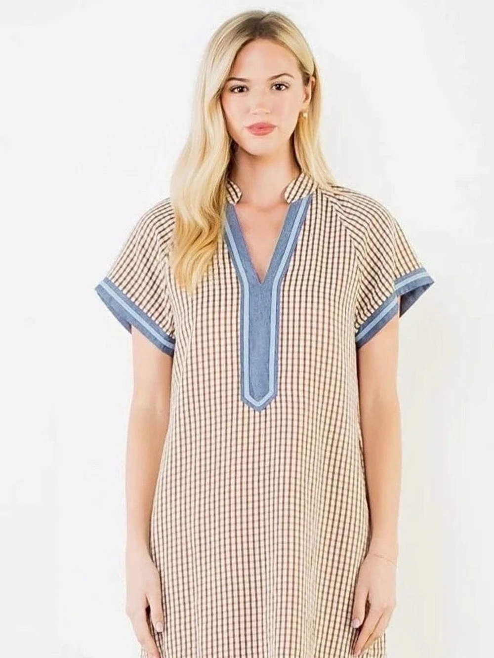 THML Gingham Midi Dress Brown & Blue Size Small